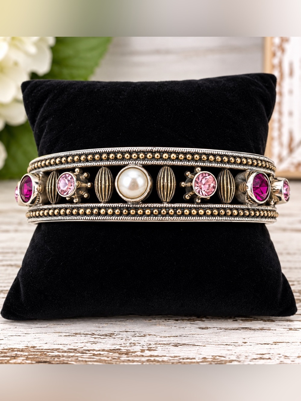 Mars & Valentine Sterling Silver Mixed Gemstone Pearl Bangle Bracelet